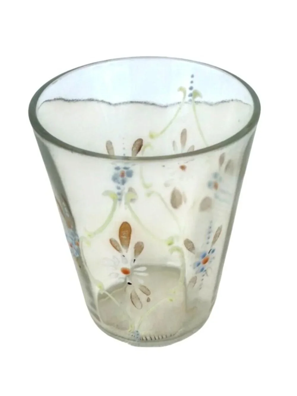 Vintage Enamel Hand‑Painted Glass Tumbler Blue White Daisy Gold Accents - Picture 2 of 4